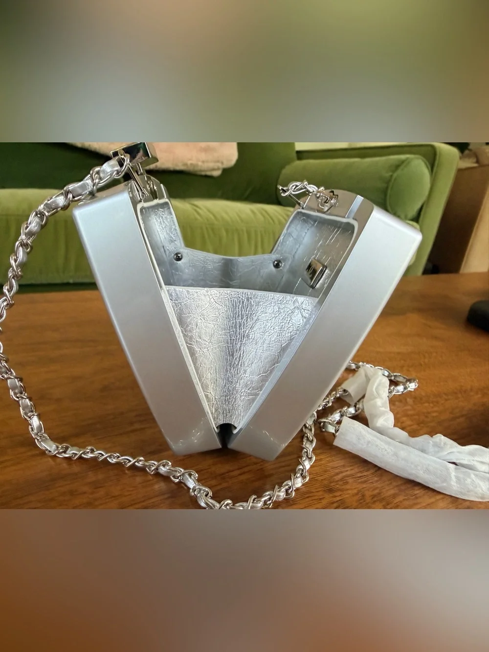 Fashion Chanel Silver Crystal 'CC' Clutch w Silver Tone Leather Link Chain NEW
